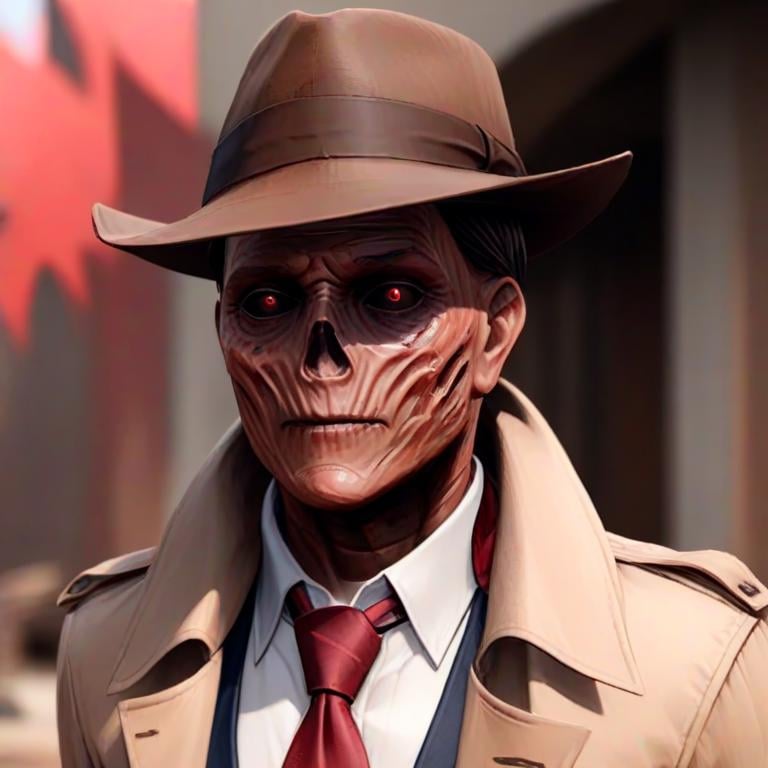 masterpiece,absurd resolution,8k,fallout,ghoul,solo,shirt,1boy,hat,white shirt,upper body,male focus,necktie,collared shirt,blurry,coat,blurry background,formal,suit,red necktie,brown headwear,brown coat,fedora,trench coat,  <lora:fallout_xl:1>