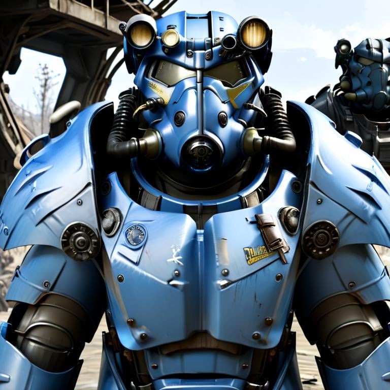 masterpiece,absurd resolution,8k,fallout,power armor,solo,upper body,armor,no humans,helmet,robot,mecha,science fiction,realistic,retro artstyle,damaged,power armor,cockpit,pilot,blue,  <lora:fallout_xl:1>