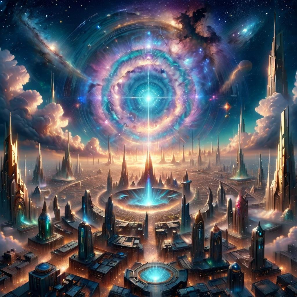 Masterpiece,8k,absurd resolution,IImaginaryCityScapes,astral city,outdoors,sky,cloud,no humans,building,star (sky),scenery,starry sky,science fiction,fantasy,astral portal focus,<lora:City_scapes_XL:0.6>