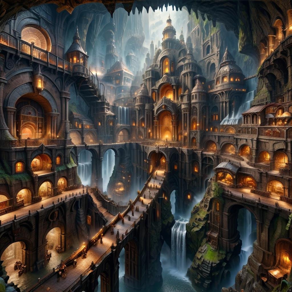 Masterpiece,8k,absurd resolution,IImaginaryCityScapes,underground city,water,no humans,building,scenery,stairs,city,fantasy,architecture,bridge,waterfall,arch,steampunk,monumental city,<lora:City_scapes_XL:0.6>