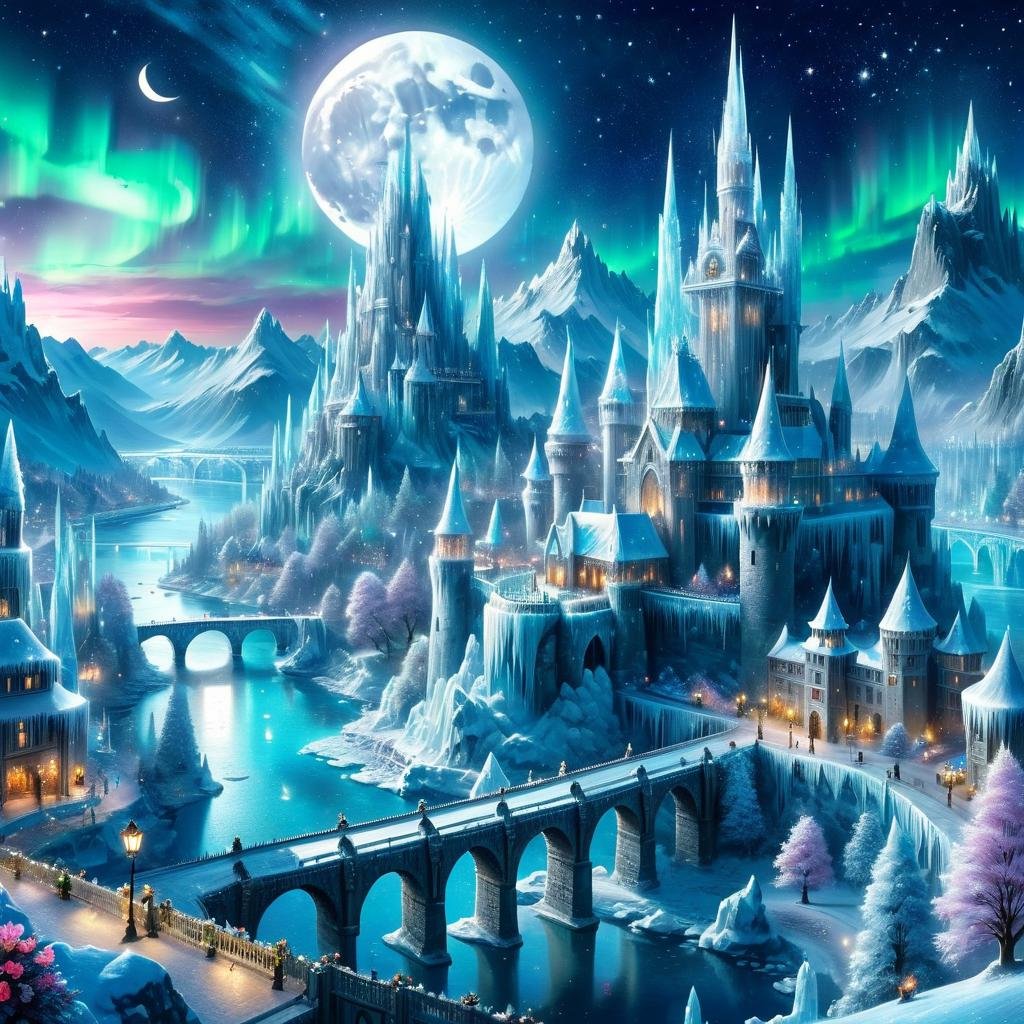 Masterpiece,8k,absurd resolution,IImaginaryCityScapes,icy city,flower,outdoors,sky,water,tree,night,moon,building,star (sky),night sky,scenery,full moon,starry sky,crystal,mountain,city,fantasy,bridge,castle,tower,aurora,<lora:City_scapes_XL:0.45>