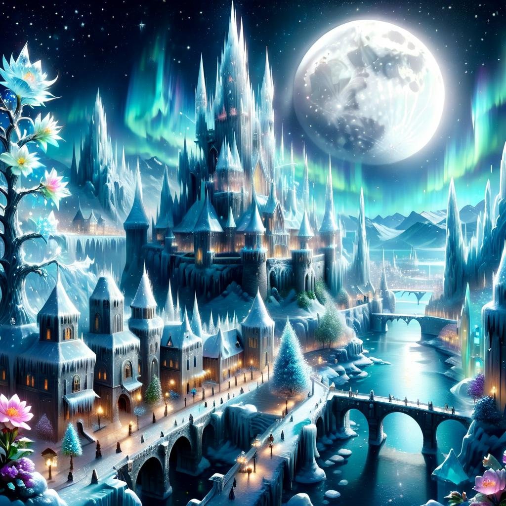 Masterpiece,8k,absurd resolution,IImaginaryCityScapes,icy city,flower,outdoors,sky,water,tree,night,moon,building,star (sky),night sky,scenery,full moon,starry sky,crystal,mountain,city,fantasy,bridge,castle,tower,aurora,<lora:City_scapes_XL:0.6>