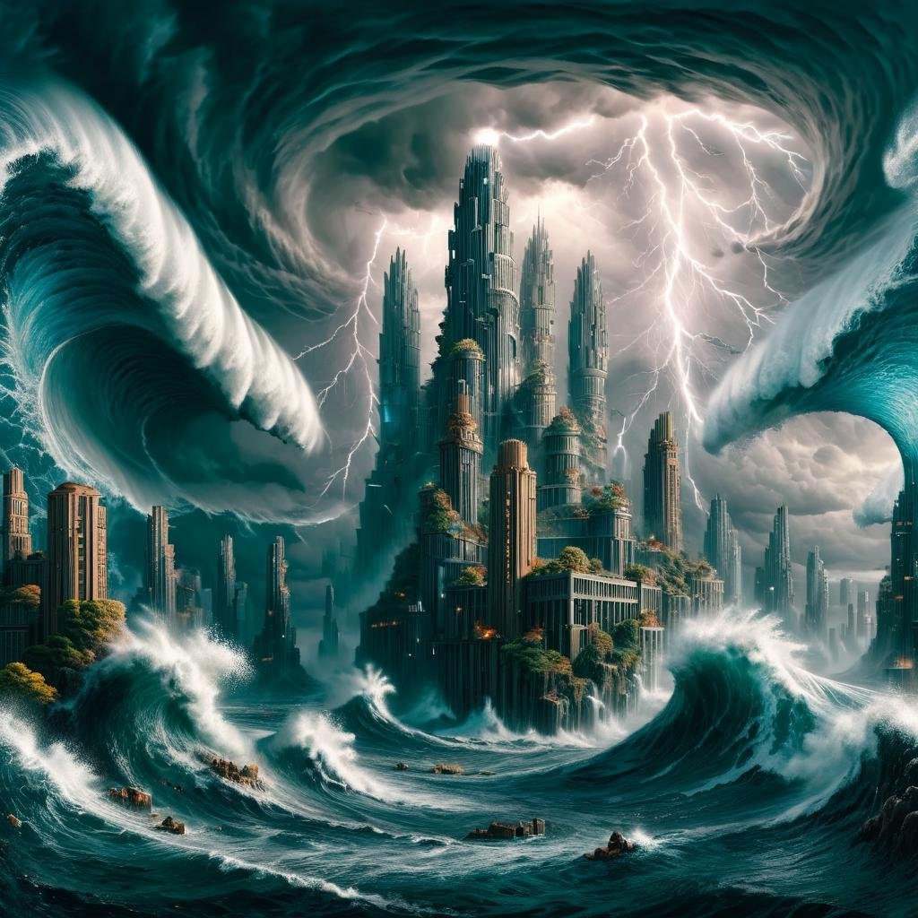 Masterpiece,8k,absurd resolution,IImaginaryCityScapes,city on water,destruction,gigantic waves,outdoors,sky,cloud,water,no humans,ocean,cloudy sky,building,scenery,city,fantasy,waves,lightning,waterfall,<lora:City_scapes_XL:0.6>