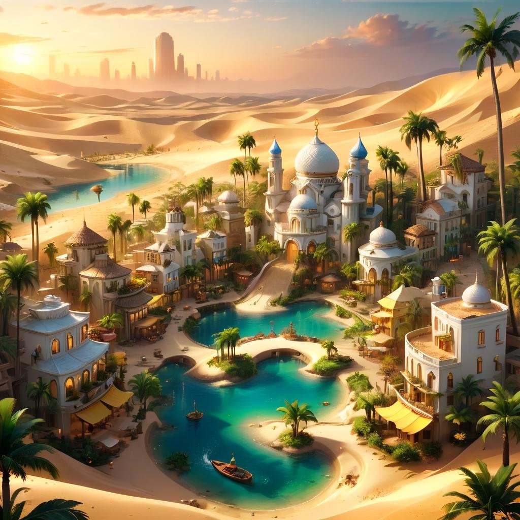 Masterpiece,8k,absurd resolution,IImaginaryCityScapes,oasis city,outdoors,sky,cloud,water,tree,no humans,water,building,scenery,sunset,city,sand,palm trees,banana trees,watercraft,small white houses,<lora:City_scapes_XL:0.6>