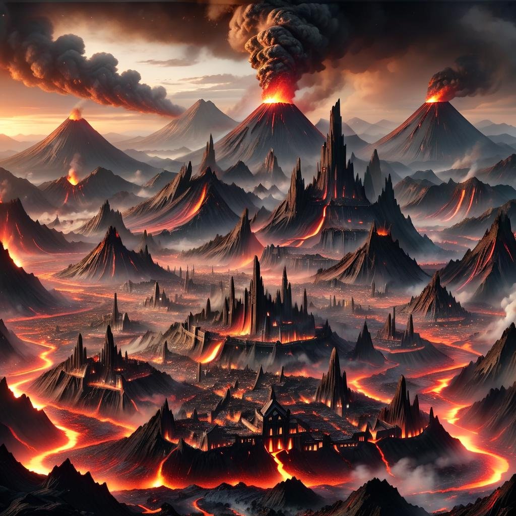 Masterpiece,8k,absurd resolution,IImaginaryCityScapes,vulcanic city,outdoors,sky,cloud,no humans,cloudy sky,building,scenery,smoke,dawn,mountains,cityscape,landscape,mountainous horizon,molten rocks,lava,<lora:City_scapes_XL:0.6>