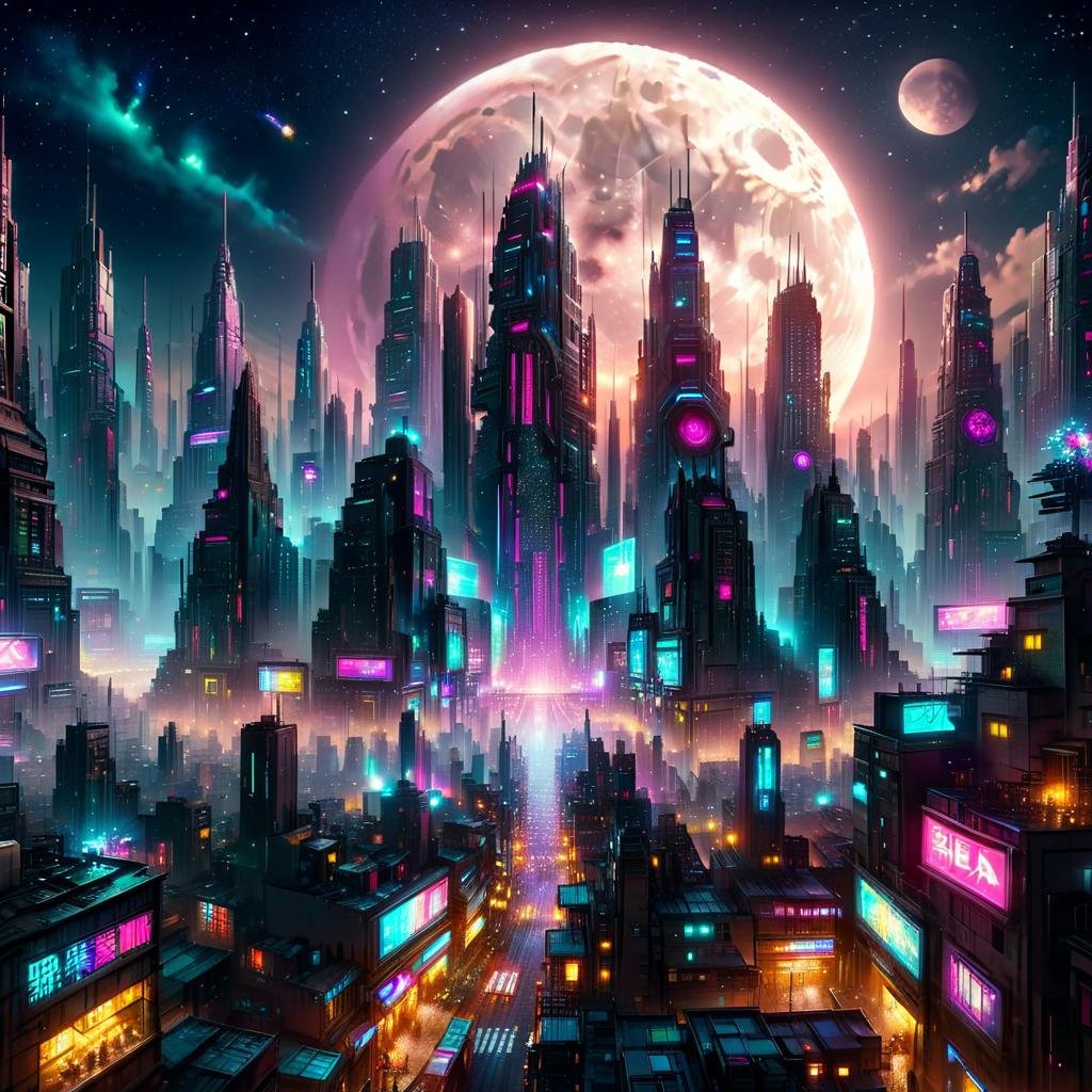 Masterpiece,8k,absurd resolution,IImaginaryCityScapes,cyberpunk city,outdoors,sky,no humans,night,glowing,moon,building,star (sky),night sky,scenery,full moon,starry sky,science fiction,city,fantasy,city lights,neon lights,city scapes,,<lora:City_scapes_XL:0.6>