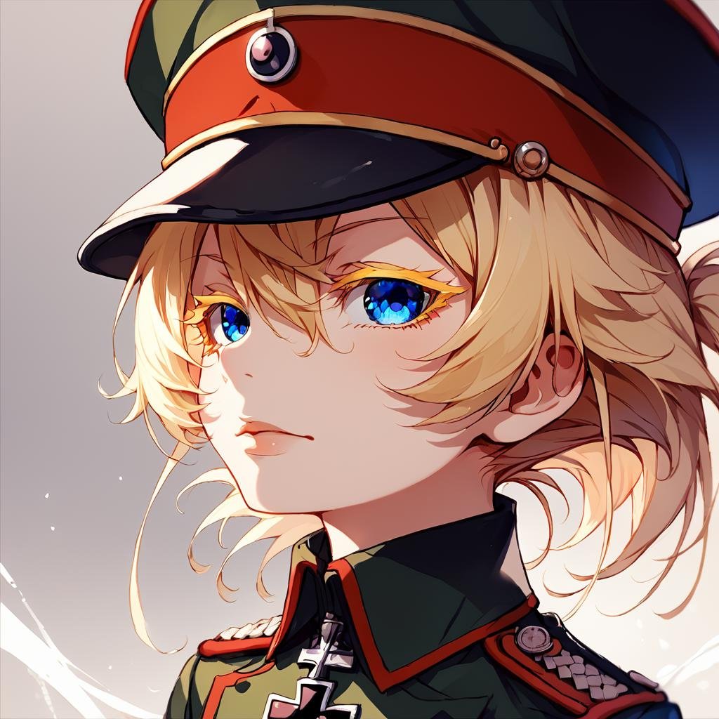 score_9, score_8_up, score_7_up,TanyaDegurechaff,tunic,  1girl, solo, looking at viewer, short hair, blue eyes, manga eyes, blonde hair, hat, hair between eyes, uniform, military, eyelashes, military uniform, cross, peaked cap, military hat, colored eyelashes, iron cross,score_9, source_anime <lora:TanyaPonyV2:0.8>