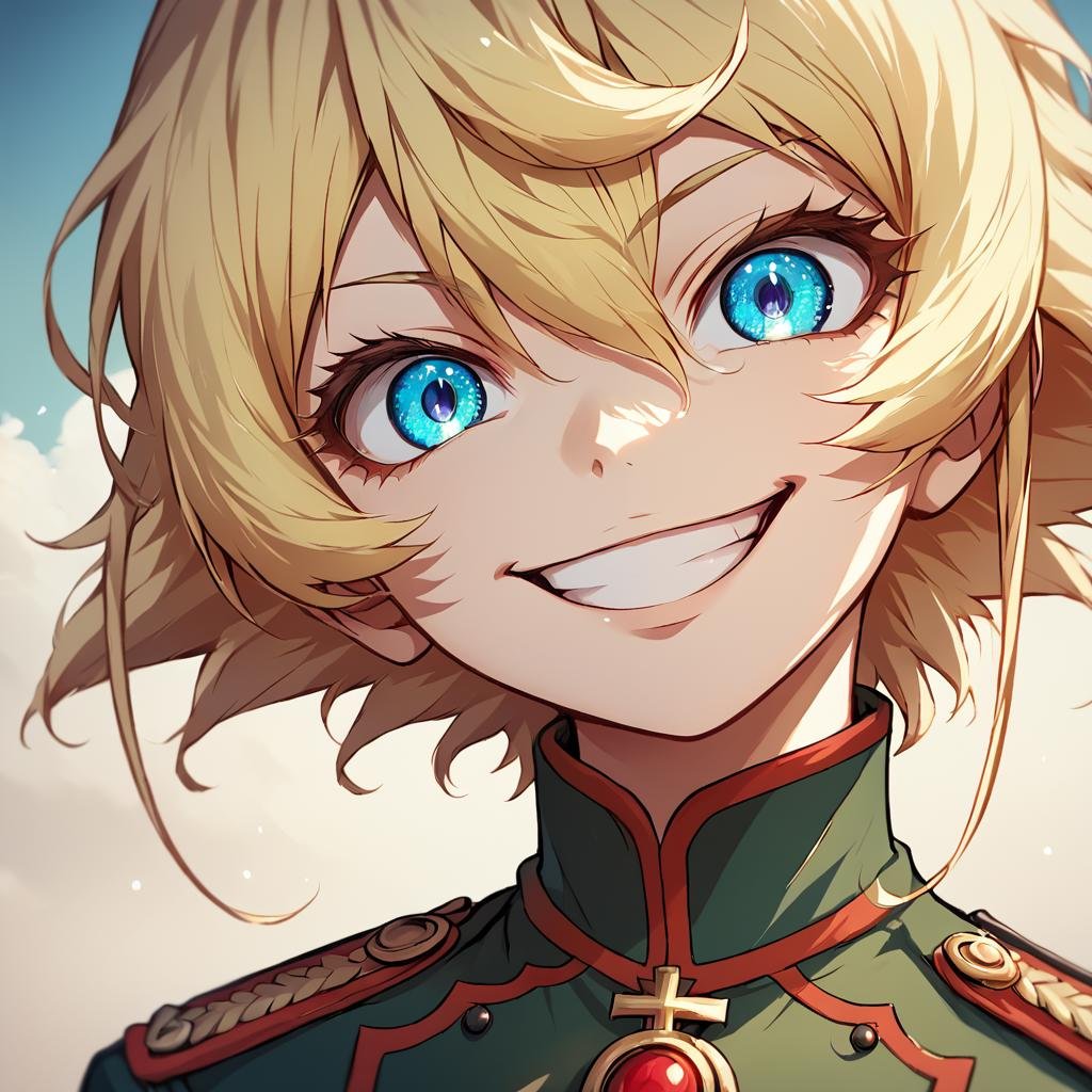 score_9, score_8_up, score_7_up,TanyaDegurechaff,tunic,  1girl, solo, looking at viewer, smile, short hair, bangs, blue eyes, blonde hair, hair between eyes, grin, uniform, military, military uniform, portrait, close-up, evil smile, eye focus,score_9, source_anime ,<lora:TanyaPonyV2:0.8>