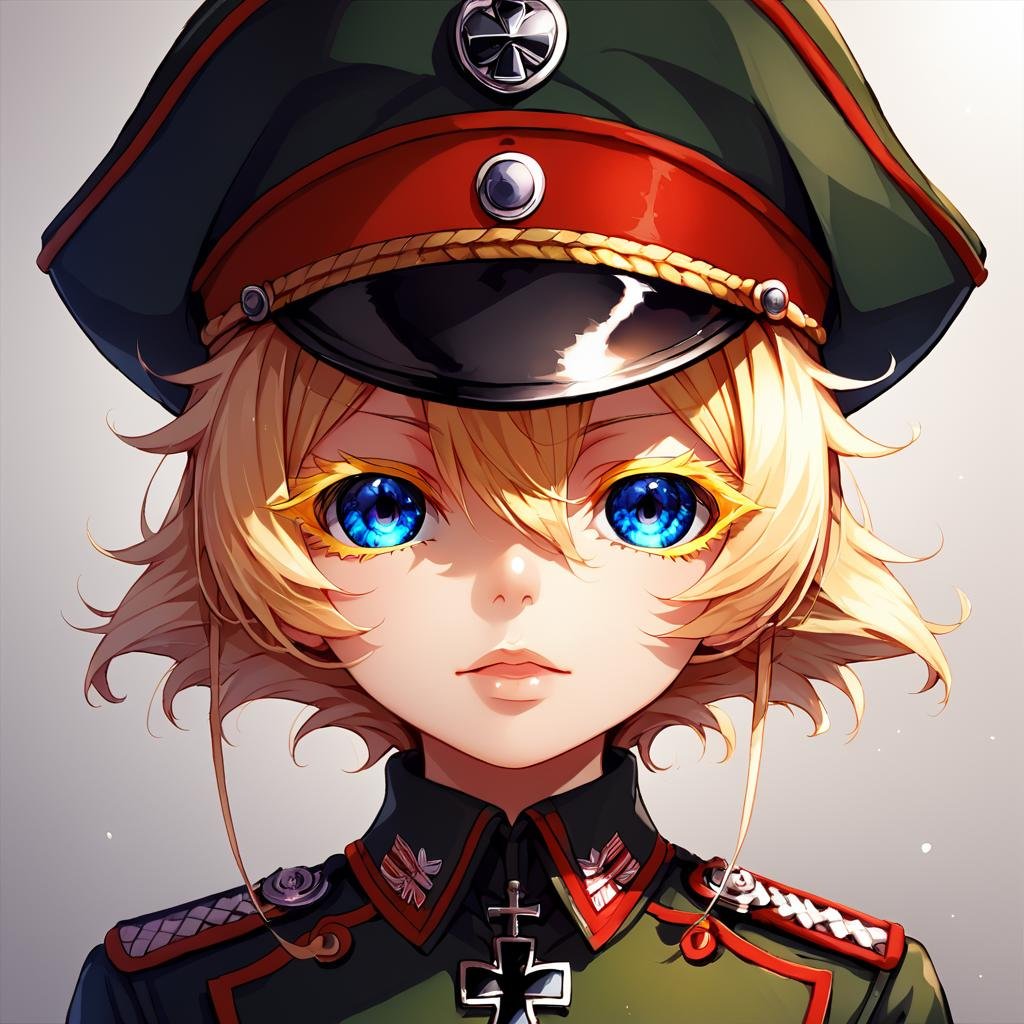 score_9, score_8_up, score_7_up,TanyaDegurechaff,tunic,  1girl, solo, looking at viewer, short hair, blue eyes, manga eyes, blonde hair, hat, hair between eyes, uniform, military, eyelashes, military uniform, cross, peaked cap, military hat, colored eyelashes, iron cross,score_9, source_anime <lora:TanyaPonyV2:0.8>