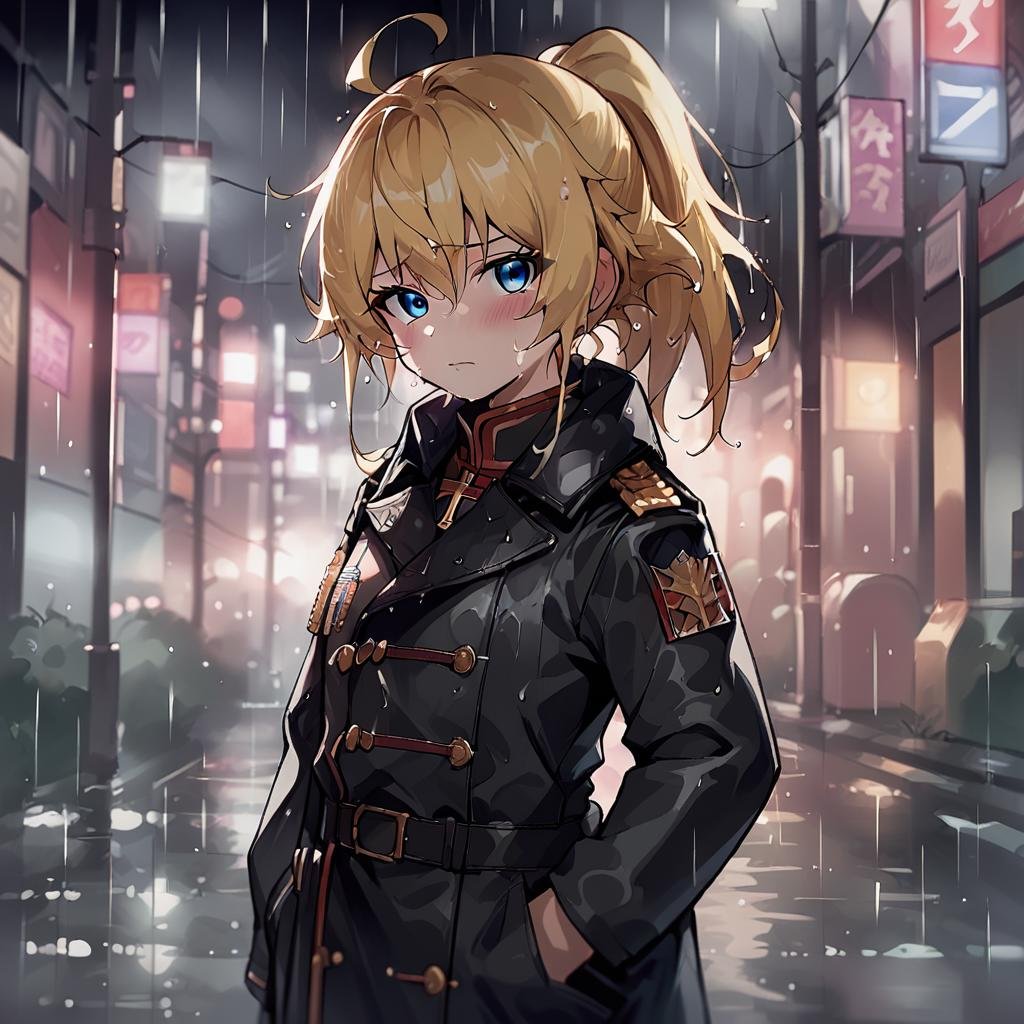 score_9, score_8_up, score_7_up,TanyaDegurechaff, dark tunic, 1girl, solo, long hair, looking at viewer, blush,sad,cold colors,blue styled colors, bangs, blue eyes, blonde hair, long sleeves, hair between eyes, closed mouth, standing, ponytail, ahoge, sidelocks, cowboy shot, outdoors, belt, blurry, coat, wet, cross, rain, epaulettes, hand in pocket, black coat, hands in pockets, wet hair, score_9, source_anime, ,<lora:TanyaPonyV2:0.8> <lora:LowKeyLightsPony:0.4> LowKeyLights