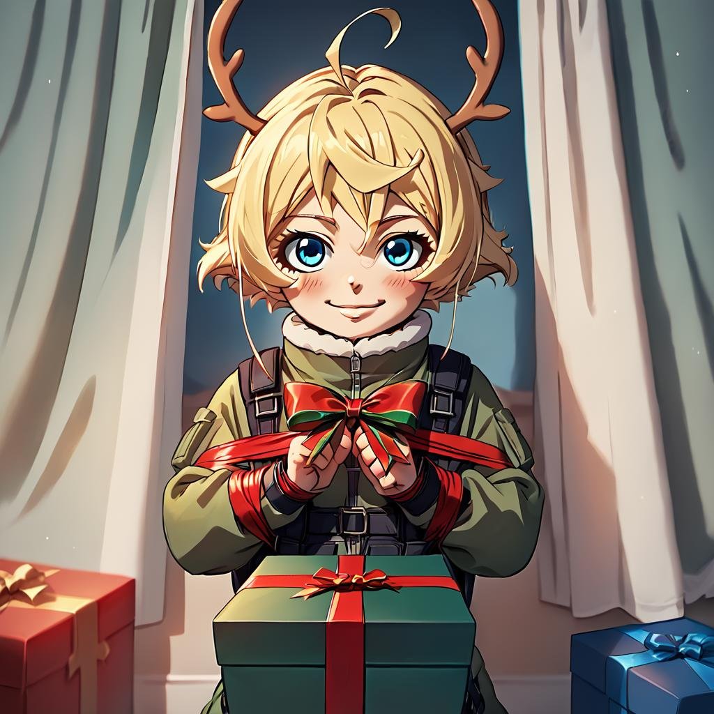 score_9, score_8_up, score_7_up,TanyaDegurechaff, flyingsuit, 1girl, solo, looking at viewer, blush, smile, short hair, blue eyes, blonde hair, bow, ribbon, ahoge, indoors, bound, curtains, box, christmas, gift, gift box, bound wrists, antlers, reindeer antlers, flight suit, score_9, source_anime ,<lora:TanyaPonyV2:0.8>