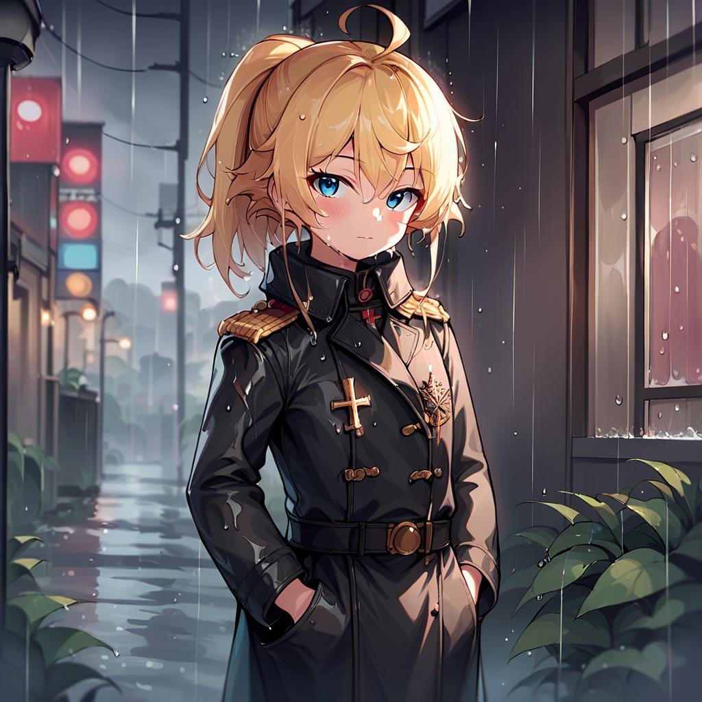 score_9, score_8_up, score_7_up,TanyaDegurechaff, dark tunic, 1girl, solo, long hair, looking at viewer, blush, bangs, blue eyes, blonde hair, long sleeves, hair between eyes, closed mouth, standing, ponytail, ahoge, sidelocks, cowboy shot, outdoors, belt, blurry, coat, wet, cross, rain, epaulettes, hand in pocket, black coat, hands in pockets, wet hair, score_9, source_anime ,<lora:TanyaPonyV2:0.8>