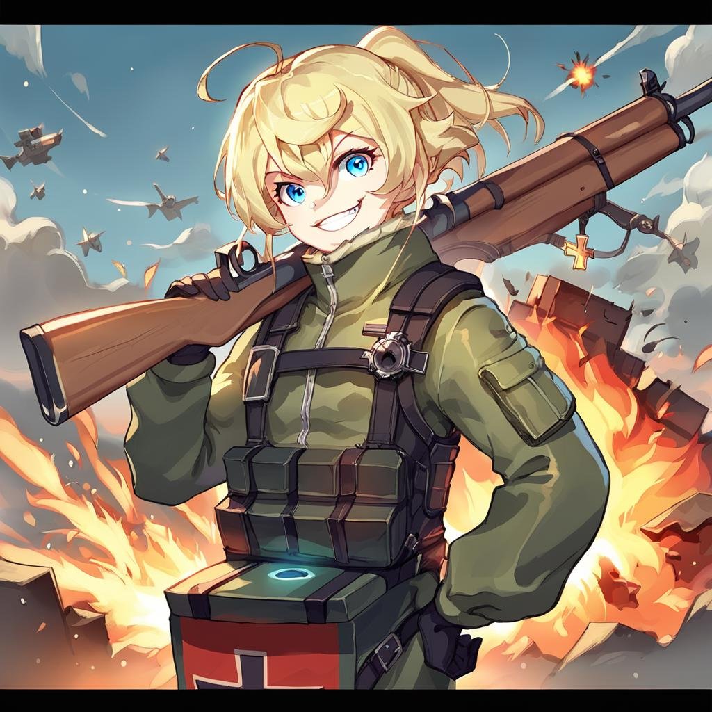 score_9, score_8_up, score_7_up,TanyaDegurechaff,flyingsuit,1girl, solo, looking at viewer, smile, blue eyes, blonde hair, gloves, holding, hair between eyes, ponytail, weapon, ahoge, outdoors, sky, black gloves, holding weapon, grin, uniform, hand on hip, gun, military, military uniform, cross, fire, letterboxed, holding gun, rifle, over shoulder, explosion, weapon over shoulder,magic box backpack on front with cross and glow,score_9, source_anime ,<lora:TanyaPonyV2:0.8>