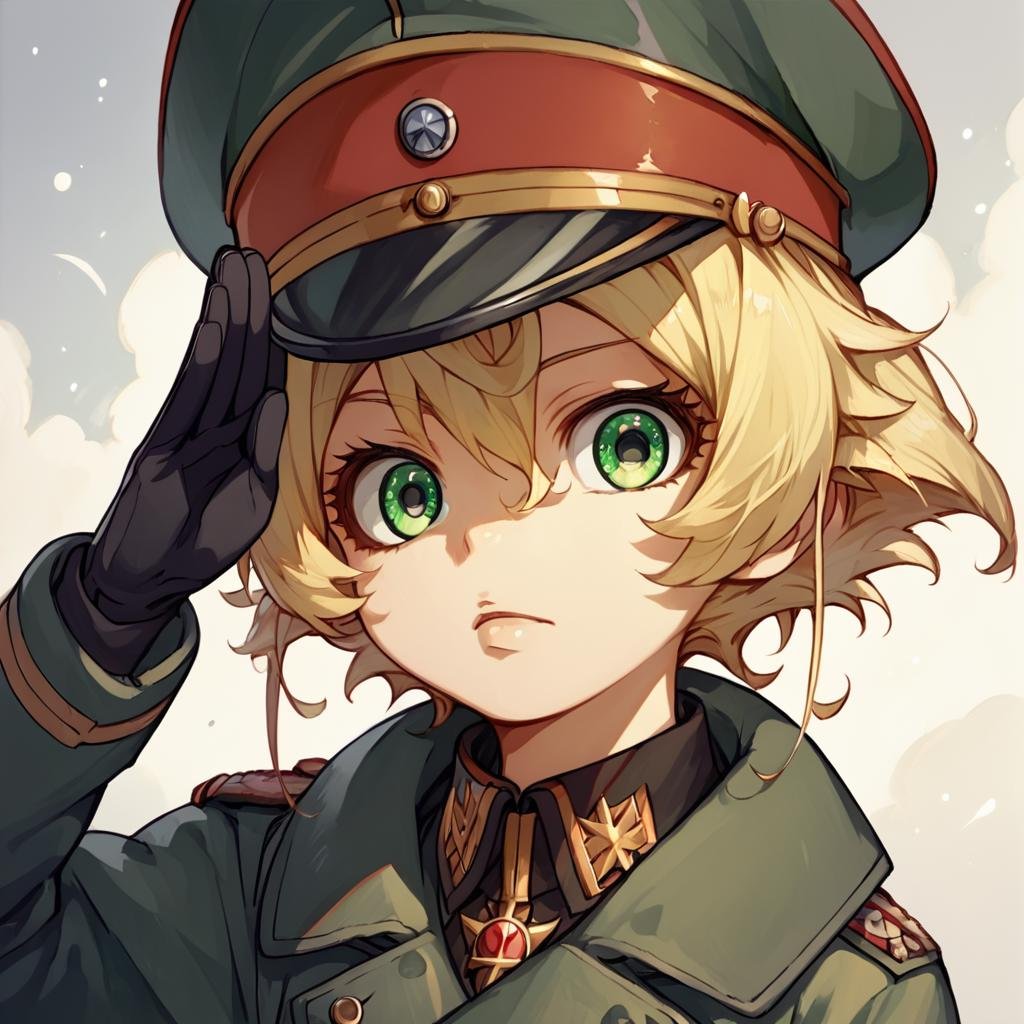 score_9, score_8_up, score_7_up,TanyaDegurechaff, coat, 1girl, solo, looking at viewer, short hair, blonde hair, gloves, hat, hair between eyes, green eyes, military, peaked cap, military hat, salute,score_9, source_anime ,<lora:TanyaPonyV2:0.8>