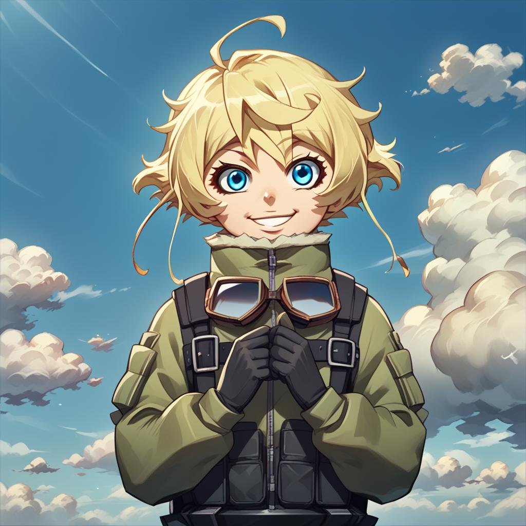 score_9, score_8_up, score_7_up,TanyaDegurechaff, flyingsuit, 1girl, solo, looking at viewer, smile, short hair, blue eyes, blonde hair, gloves, sky, day, cloud, goggles,score_9, source_anime ,<lora:TanyaPonyV2:0.8>