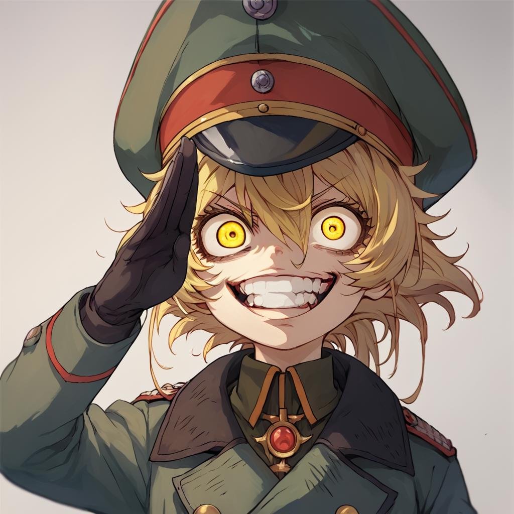 score_9, score_8_up, score_7_up,TanyaDegurechaff, coat, 1girl, solo, looking at viewer, short hair, blonde hair, gloves, hat, hair between eyes, yellow  eyes, military, peaked cap, military hat, salute,crazy expression,score_9, source_anime ,<lora:TanyaPonyV2:0.8>