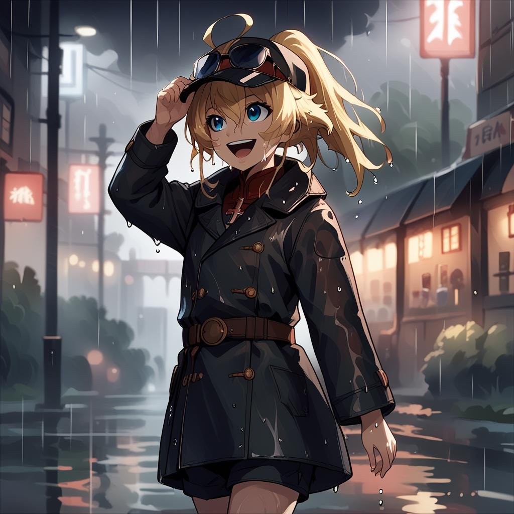 score_9, score_8_up, score_7_up,TanyaDegurechaff, dark tunic clothing style, 1girl, solo, long hair, bangs, blue eyes, blonde hair, long sleeves, hair between eyes, standing, ponytail, ahoge, sidelocks, cowboy shot, outdoors, belt, blurry, coat, wet, cross, rain, wet hair, score_9, source_anime,cap,thisrt,shorts,sunglasses,mad expression,hands in the air in a mad style,laughing ,<lora:TanyaPonyV2:0.8> <lora:LowKeyLightsPony:0.4> LowKeyLights