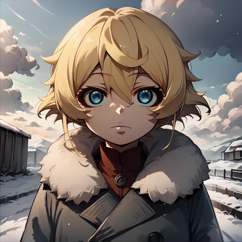 score_9, score_8_up, score_7_up,TanyaDegurechaff, 1girl, solo, looking at viewer, short hair, blue eyes, blonde hair, hair between eyes, upper body, outdoors, cloud, uniform, coat, fur trim, cloudy sky, snow,score_9, source_anime ,<lora:TanyaPonyV2:0.8>