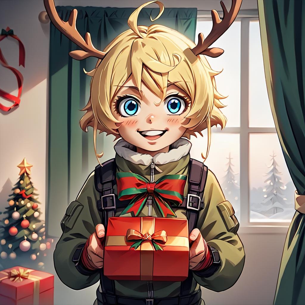 score_9, score_8_up, score_7_up,TanyaDegurechaff, flyingsuit, 1girl, solo, looking at viewer, blush, smile, short hair, blue eyes, blonde hair, bow, ribbon, ahoge, indoors, bound, curtains, box, christmas, gift, gift box,handing present, antlers, reindeer antlers, flight suit, excited expressionscore_9, source_anime ,<lora:TanyaPonyV2:0.8>