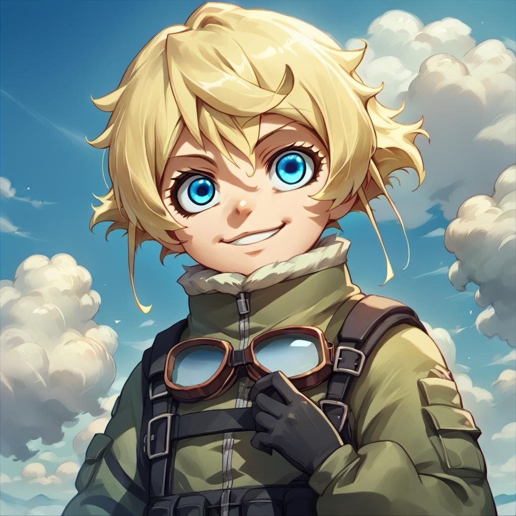 score_9, score_8_up, score_7_up,TanyaDegurechaff, flyingsuit, 1girl, solo, looking at viewer, smile, short hair, blue eyes, blonde hair, gloves, sky, day, cloud, goggles,score_9, source_anime ,<lora:TanyaPonyV2:0.8>