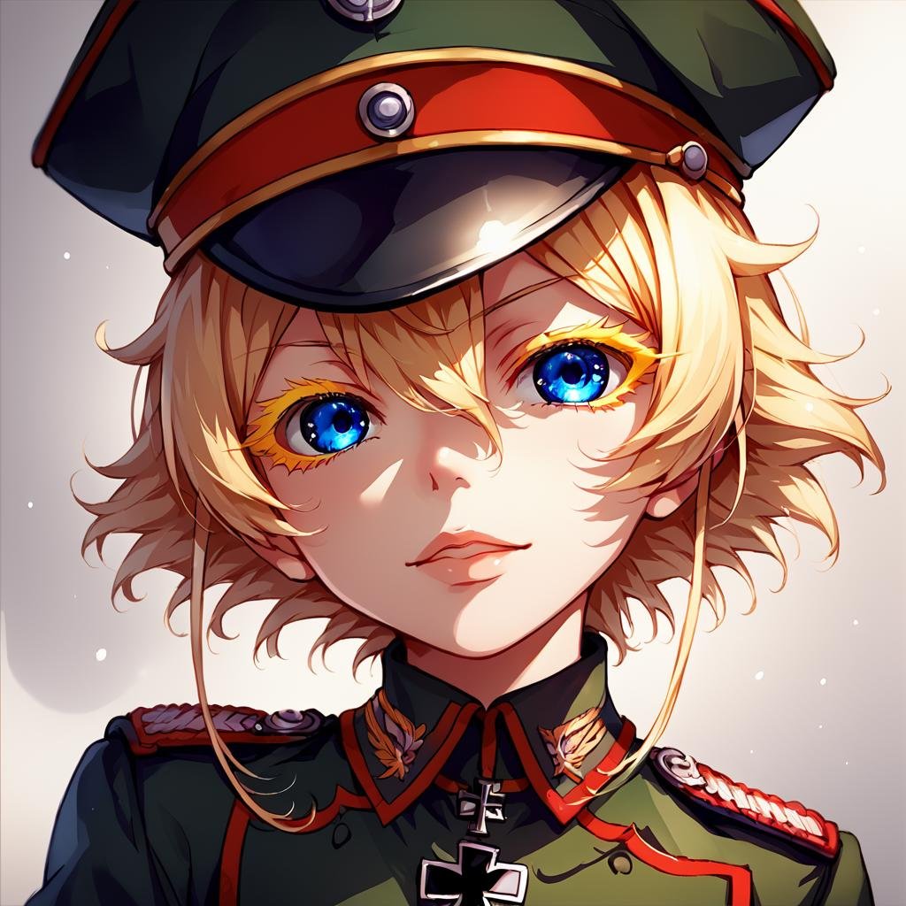 score_9, score_8_up, score_7_up,TanyaDegurechaff,tunic,  1girl, solo, looking at viewer, short hair, blue eyes, manga eyes, blonde hair, hat, hair between eyes, uniform, military, eyelashes, military uniform, cross, peaked cap, military hat, colored eyelashes, iron cross,score_9, source_anime <lora:TanyaPonyV2:0.8>