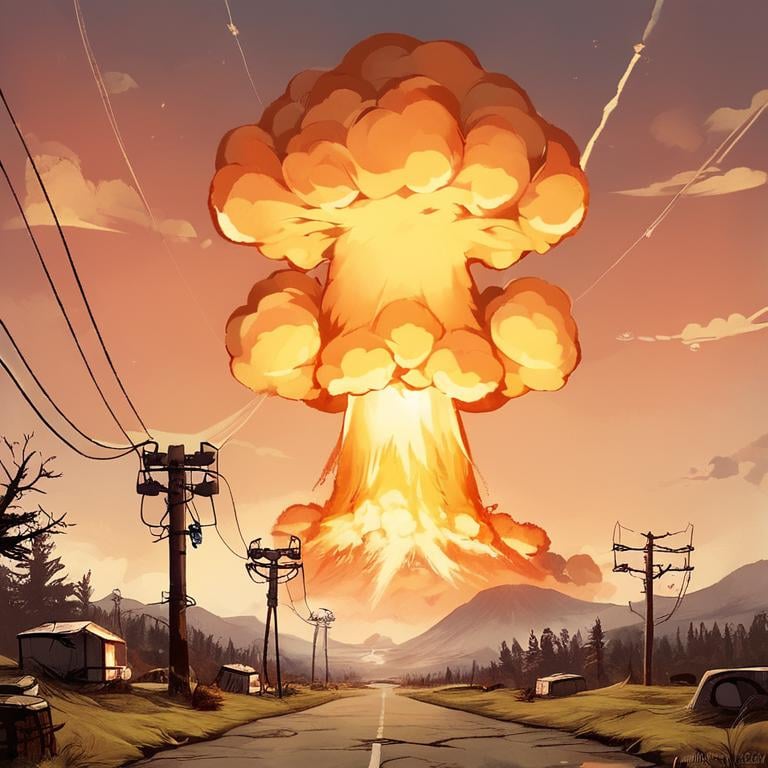 score_9, score_8_up, score_7_up,fallout,nuke,explosion,mushroom cloud,outdoors,sky,cloud,tree,no humans,cloudy sky,scenery,sunset,power lines,landscape, <lora:fallout_pony:0.8>
