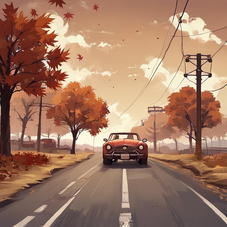 score_9, score_8_up, score_7_up,fallout,outdoors,sky,cloud,tree,no humans,ground vehicle,scenery,motor vehicle,car,road,autumn leaves,vehicle focus <lora:fallout_pony:0.8>