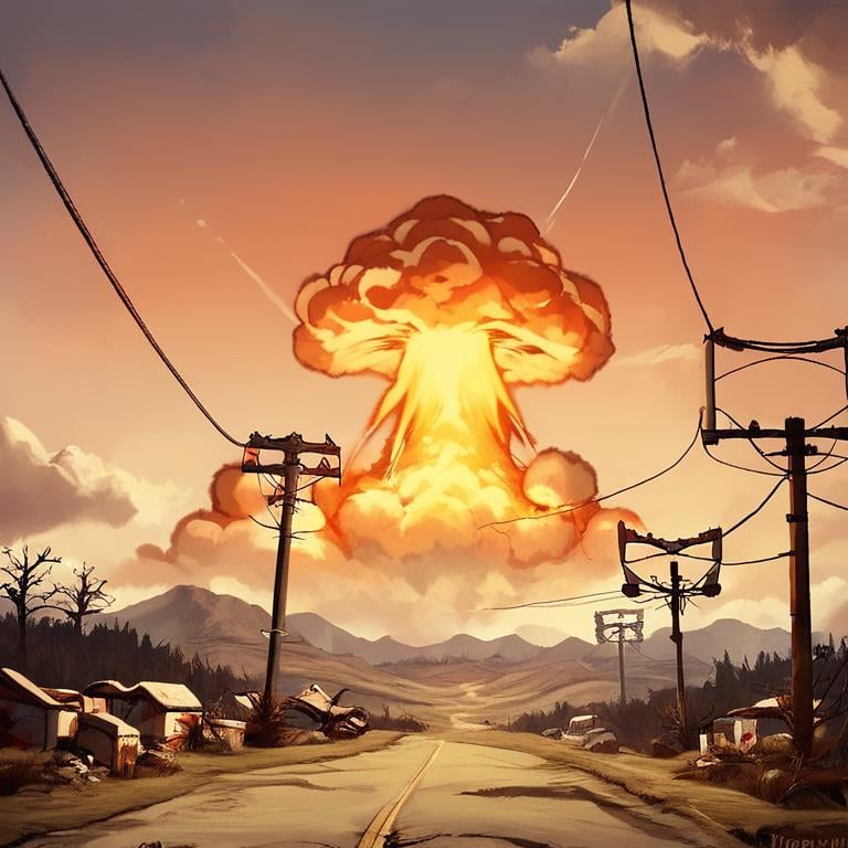 score_9, score_8_up, score_7_up,fallout,nuke,explosion,mushroom cloud,outdoors,sky,cloud,tree,no humans,cloudy sky,scenery,sunset,power lines,landscape, <lora:fallout_pony:0.8>