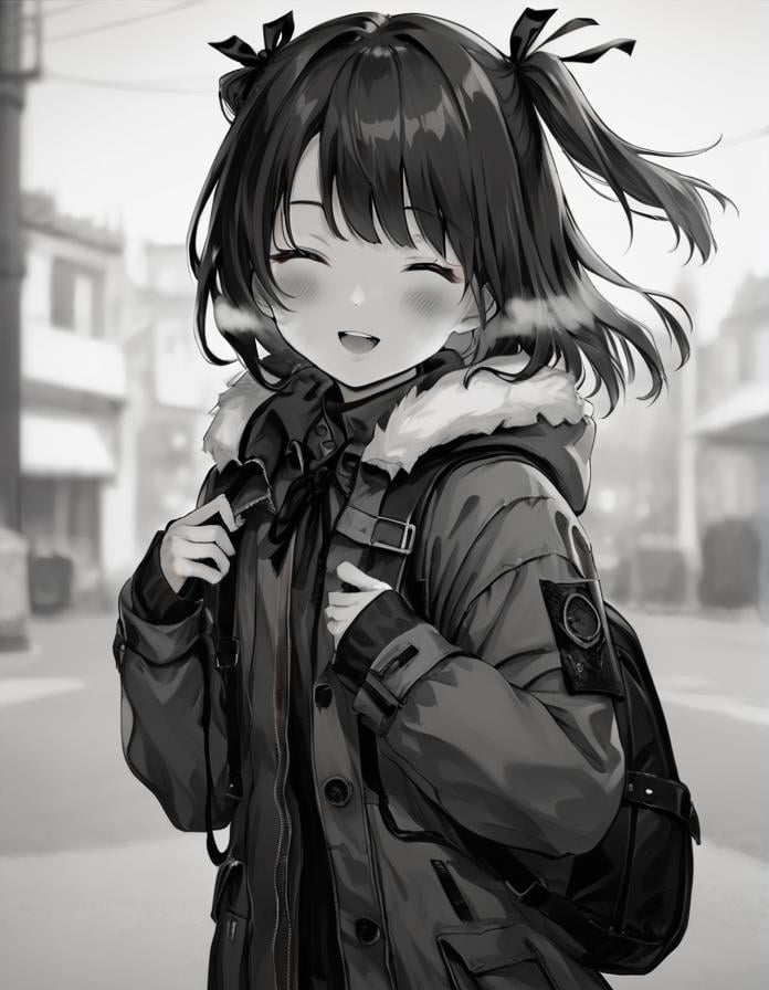 score_9, score_8_up, score_7_up,  <lora:LowKeyLightsPony:0.6>LowKeyLights,1girl,solo,blush,smile,open mouth,bangs,long sleeves,ribbon,jacket,monochrome,closed eyes,hair ribbon,upper body,greyscale,outdoors,open clothes,teeth,hood,bag,open jacket,two side up,coat,sleeves past wrists,fur trim,depth of field,blurry background,backpack,hood down,breath,hooded jacket,facing viewer,holding strap,fur-trimmed hood