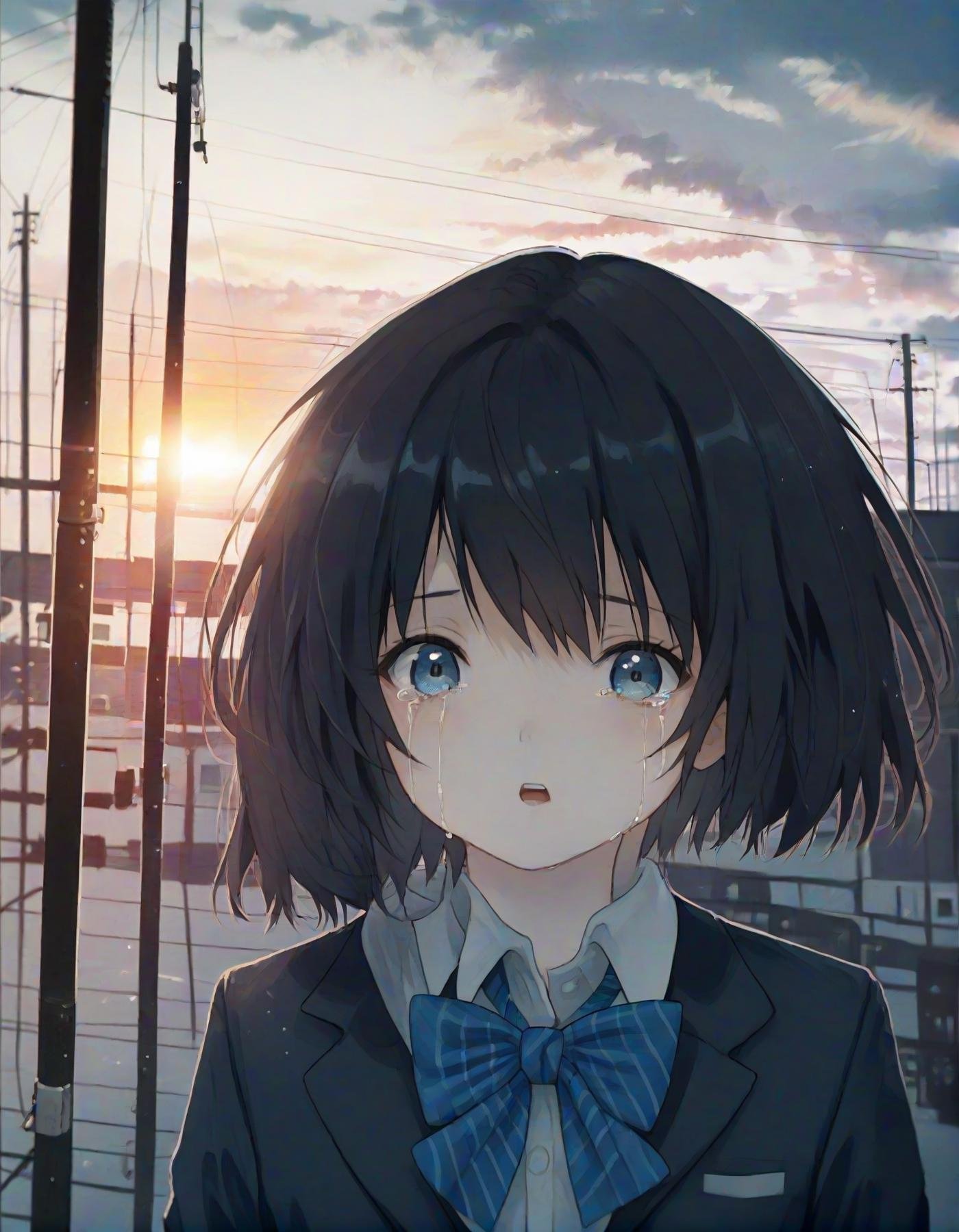 score_9, score_8_up, score_7_up,  <lora:LowKeyLightsPony:0.8>LowKeyLights,1girl,solo,looking at viewer,short hair,open mouth,bangs,blue eyes,shirt,black hair,bow,school uniform,jacket,white shirt,upper body,outdoors,sky,collared shirt,cloud,tears,bowtie,blue bow,blazer,crying,crying with eyes open,sunset,striped bow,blue bowtie,power lines,striped bowtie,utility pole