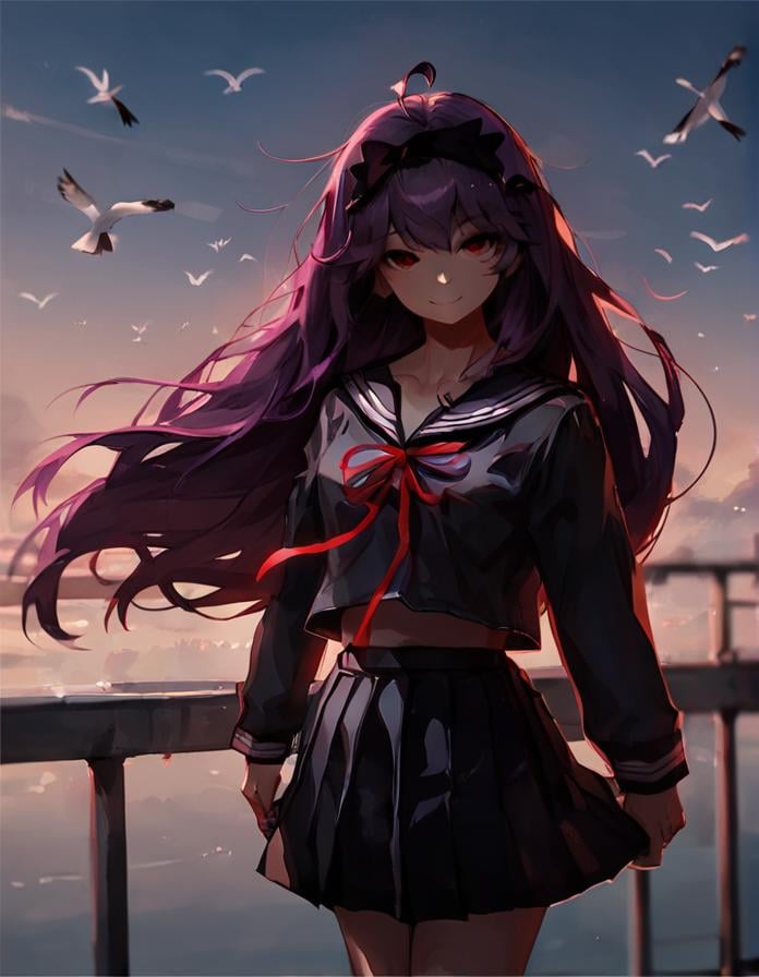 score_9, score_8_up, score_7_up,  <lora:LowKeyLightsPony:0.8>LowKeyLights,1girl,solo,long hair,looking at viewer,smile,bangs,skirt,shirt,red eyes,long sleeves,ribbon,very long hair,closed mouth,school uniform,standing,collarbone,purple hair,ahoge,cowboy shot,pleated skirt,sky,serafuku,black skirt,sailor collar,blurry,red ribbon,neck ribbon,bird,black sailor collar,black serafuku