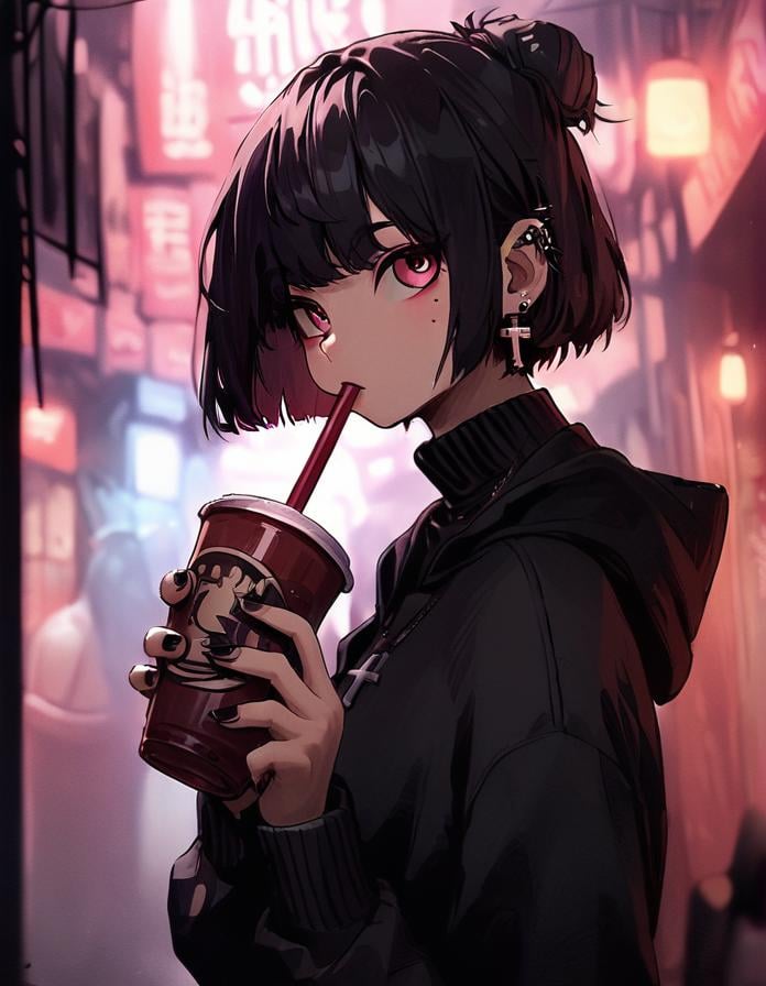 score_9, score_8_up, score_7_up,  <lora:LowKeyLightsPony:0.8>LowKeyLights,1girl,solo,looking at viewer,short hair,bangs,black hair,long sleeves,holding,jewelry,upper body,earrings,hood,pink eyes,hair bun,nail polish,mole,blurry,from side,sweater,cup,mole under eye,hoodie,blurry background,turtleneck,piercing,single hair bun,bob cut,cross,ear piercing,black nails,holding cup,drinking straw,drinking,black sweater,disposable cup,drinking straw in mouth