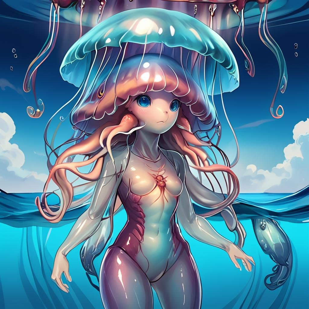 masterpiece,8k,16k,32k,absurd resolution,,high resolution,no pixels,beautiful detailed sky backround,Aquatic race,solo,jelly fish head,jelly substance body,cute,no humans,humanoid body, <lora:Stellaris_Avatar_Portriats_XL8:0.6>