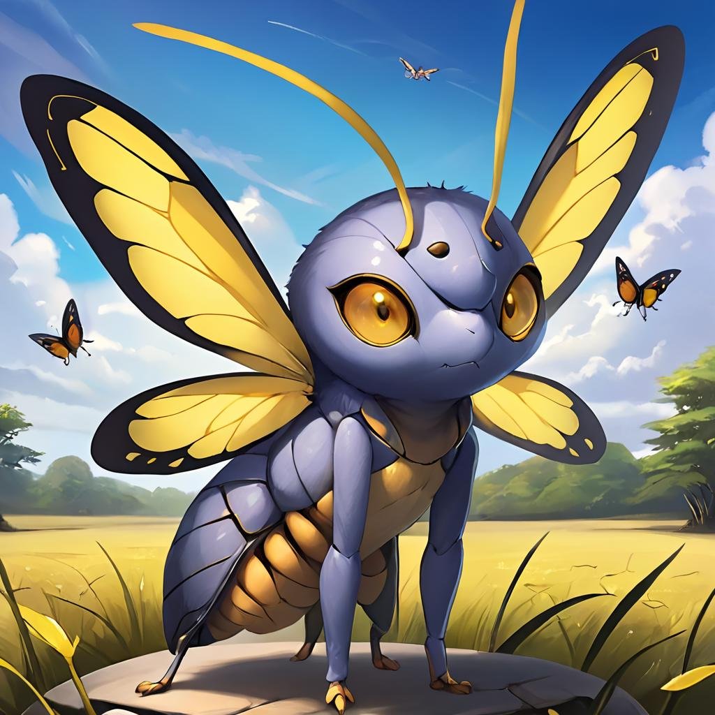 masterpiece,8k,16k,32k,absurd resolution,,high resolution,no pixels,beautiful detailed sky backround,Arthropoid race,solo,looking at viewer,yellow eyes,wings,pokemon (creature),no humans,animal,bug,antennae,insect wings,humanoid body,cute face, <lora:Stellaris_Avatar_Portriats_XL8:0.6>