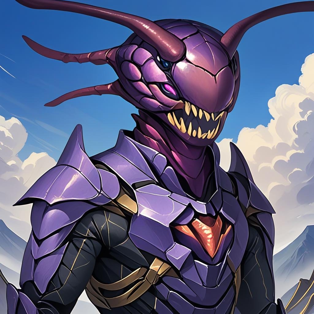 masterpiece,8k,16k,32k,absurd resolution,,high resolution,no pixels,beautiful detailed sky backround,Arthropoid race,solo,1boy,,purple eyes,upper body,male focus,teeth,armor,monster,alien,tokusatsu <lora:Stellaris_Avatar_Portriats_XL8:0.6>