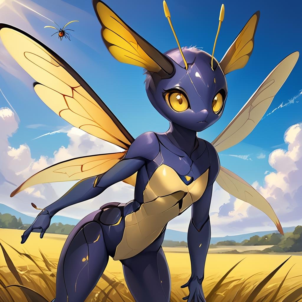 masterpiece,8k,16k,32k,absurd resolution,,high resolution,no pixels,beautiful detailed sky backround,Arthropoid race,solo,looking at viewer,yellow eyes,wings,pokemon (creature),no humans,animal,bug,antennae,insect wings,humanoid body,cute insect girl,cute face,,humanoid body,cute face, <lora:Stellaris_Avatar_Portriats_XL8:0.6>