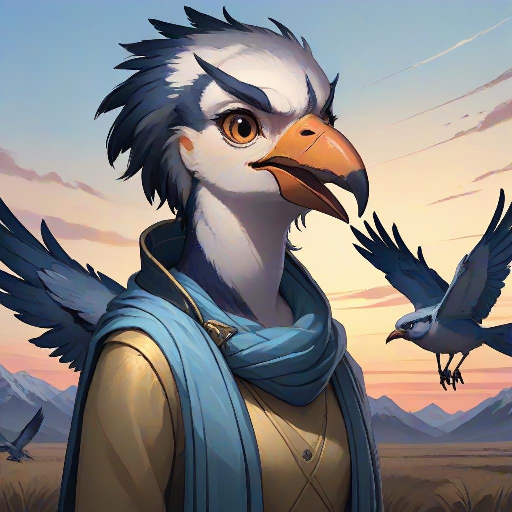 masterpiece,8k,16k,32k,absurd resolution,,high resolution,no pixels,beautiful detailed sky backround,Avian race,solo,1girl,upper body,female focus,scarf,no humans,bird,animal,border,beak,cute face,cute pose, <lora:Stellaris_Avatar_Portriats_XL9:0.6>