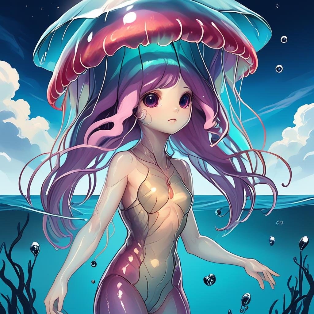 masterpiece,8k,16k,32k,absurd resolution,,high resolution,no pixels,beautiful detailed sky backround,Aquatic race,solo,1girl creature,jelly fish head, colored jelly substance body,cute,no humans,humanoid body,cute face, <lora:Stellaris_Avatar_Portriats_XL8:0.6>