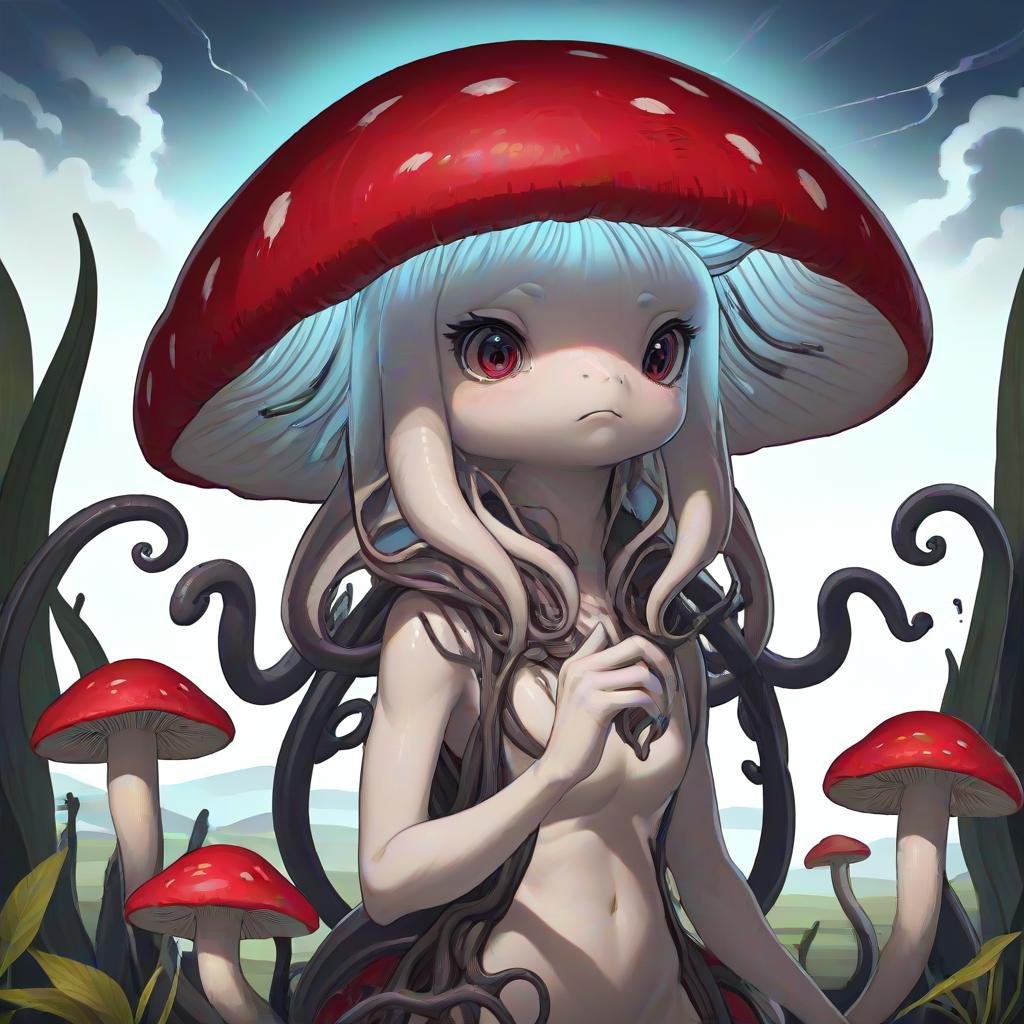 masterpiece,8k,16k,32k,absurd resolution,,high resolution,no pixels,beautiful detailed sky backround,Fungoid race,looking at viewer,no humans,animal,plant like  tentacles,monster,realistic,creature,cute girl monster,cute face,mushroom head like,sfw <lora:Stellaris_Avatar_Portriats_XL9:0.6>