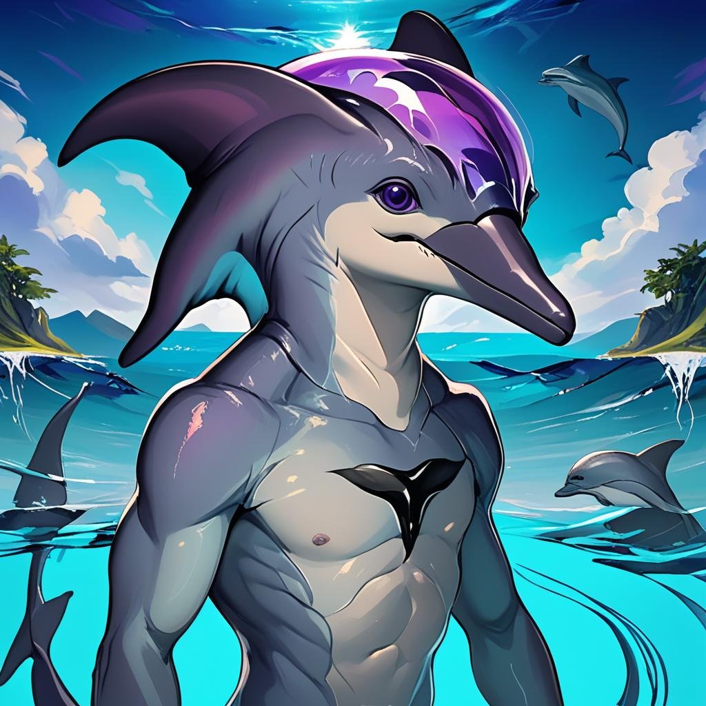 masterpiece,8k,16k,32k,absurd resolution,,high resolution,no pixels,beautiful detailed sky(or any you want) backround,Aquatic race,solo,looking at viewer,1boy,purple eyes,upper body,male focus,colored skin,dolphin head,alien, <lora:Stellaris_Avatar_Portriats_XL8:0.6>