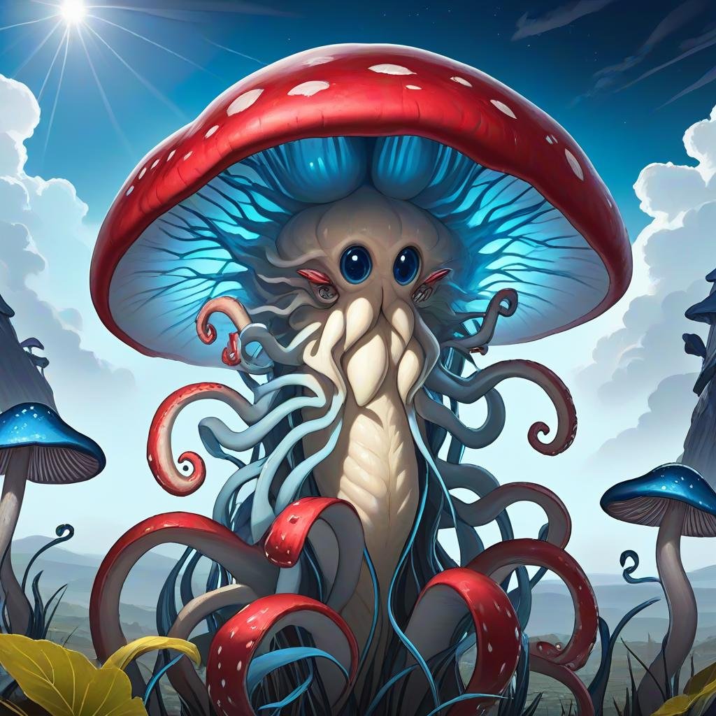 masterpiece,8k,16k,32k,absurd resolution,,high resolution,no pixels,beautiful detailed sky backround,Fungoid race,looking at viewer,no humans,animal,plant like  tentacles,monster,realistic,creature, bluemushroom head,blue,luminoesence, <lora:Stellaris_Avatar_Portriats_XL8:0.6>