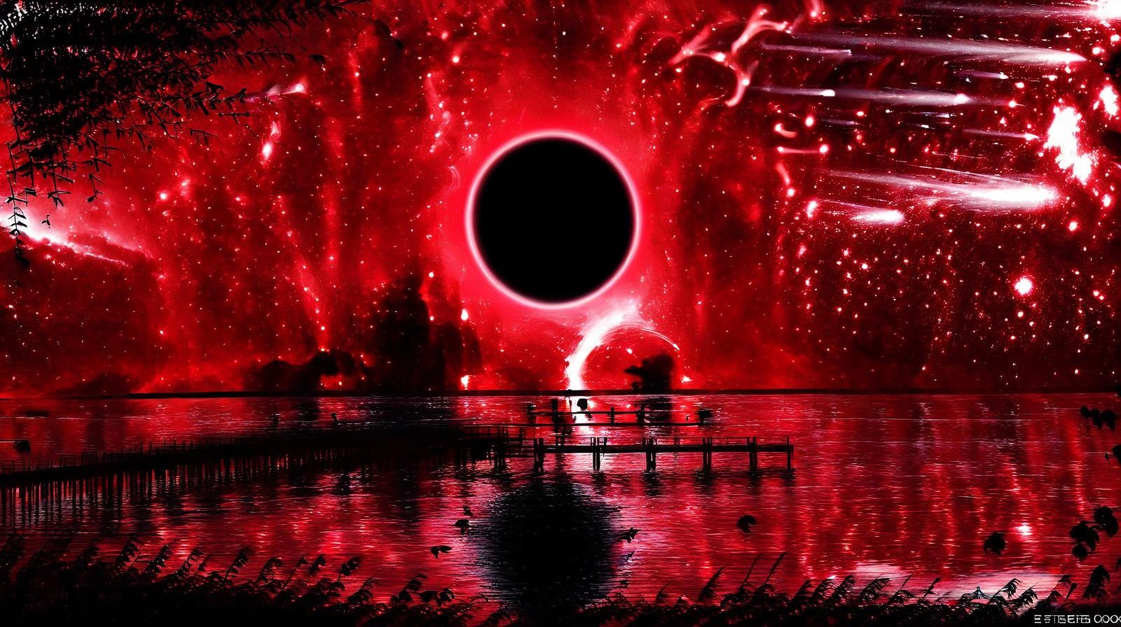 eclipse,1girl,sky,water,tree,night,moon,star (sky),scenery,starry sky,reflection,silhouette,bridge,red theme,, <lora:Eclipse:1> ,<lora:add-detail-xl:0.8>