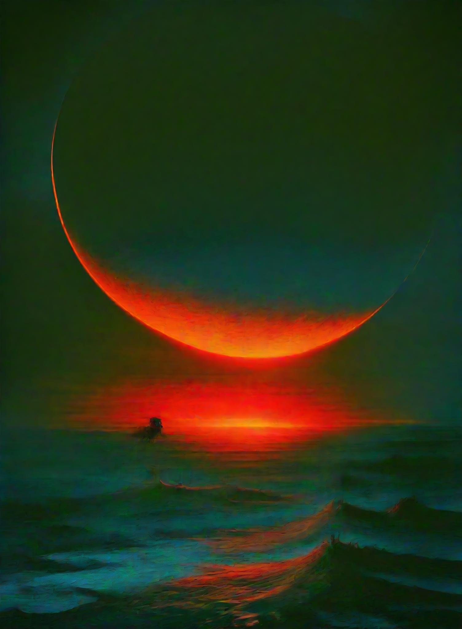 eclipse,outdoors,sky,cloud,water,no humans,ocean,scenery,sunset,sun,horizon,planet,red sky, <lora:Eclipse:1>