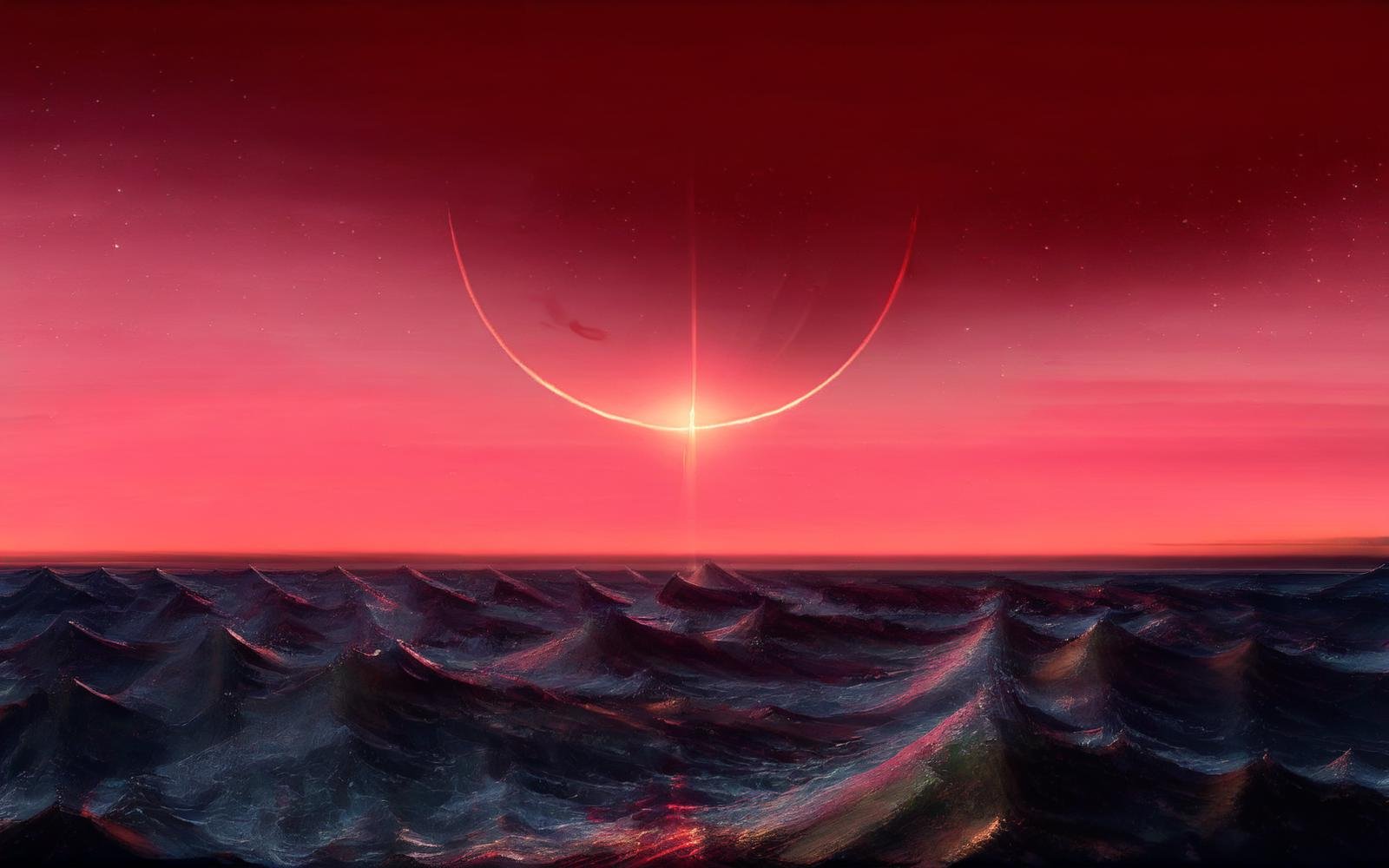 eclipse,outdoors,sky,cloud,no humans,ocean,star (sky),scenery,starry sky,sunset,mountain,sun,horizon,red theme,mountainous horizon,red sky, <lora:Eclipse:1>