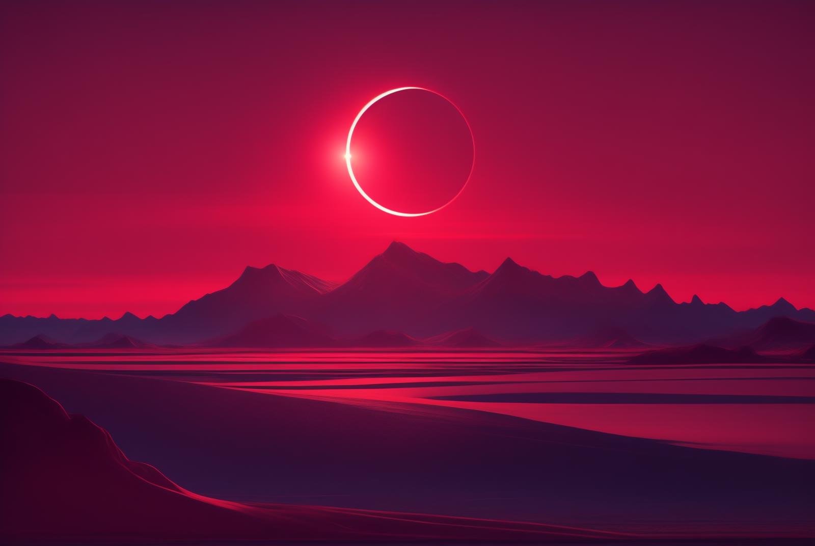 eclipse,outdoors,sky,cloud,no humans,ocean,star (sky),scenery,starry sky,sunset,mountain,sun,horizon,red theme,mountainous horizon,red sky, <lora:EclipseSD:0.81>, <lora:add_detail:0.8>