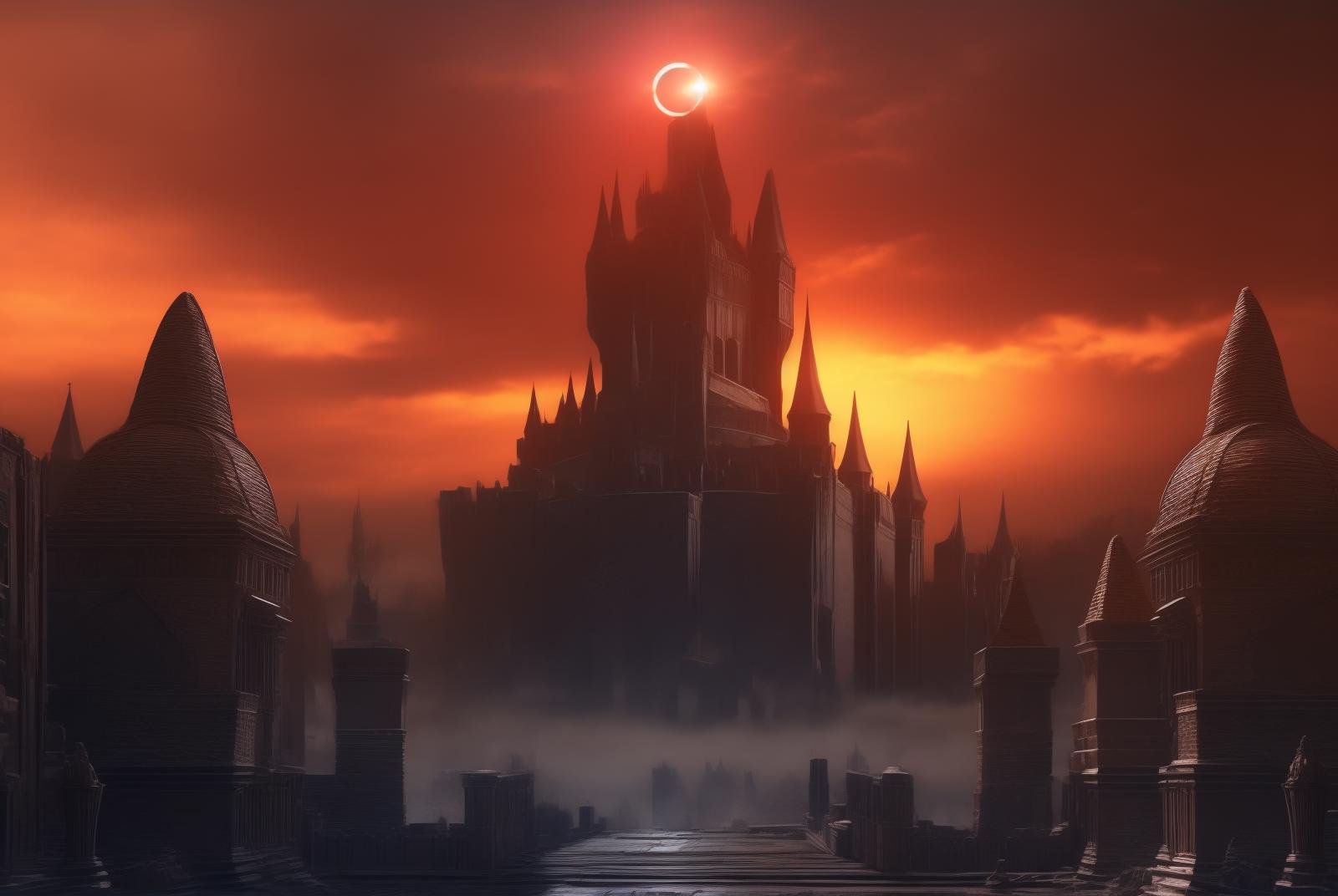 eclipse,outdoors,sky,cloud,tree,no humans,cloudy sky,building,scenery,sunset,city,fantasy,sun,cityscape,castle,tower,red sky, <lora:add_detail:0.8>, <lora:EclipseSD:1>