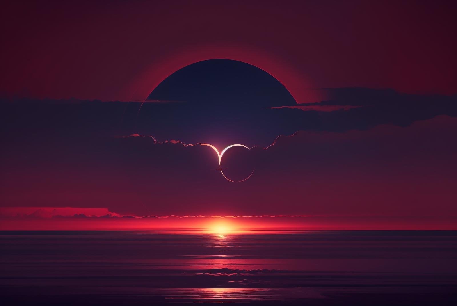 eclipse,outdoors,sky,cloud,water,no humans,ocean,scenery,sunset,sun,horizon,planet,red sky, <lora:EclipseSD:0.81>, <lora:add_detail:0.8>