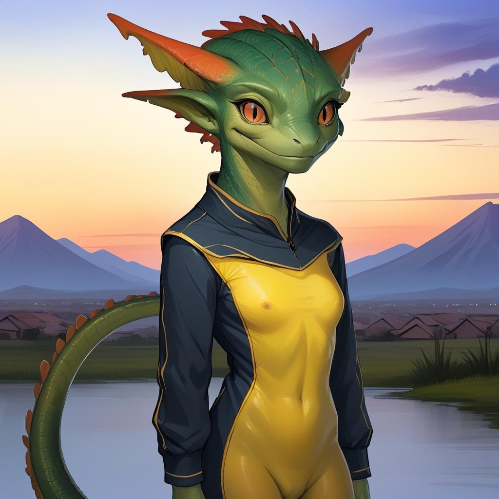 masterpiece,8k,16k,32k,absurd resolution,,high resolution,no pixels,beautiful detailed sky backround,reptilian race,solo,looking at viewer,smile,long sleeves,1girl,closed mouth,cute yellow eyes,no humans,colored skin,animal,green skin,cute pose,orange colored skin <lora:Stellaris_Avatar_Portriats_XL9:0.6>