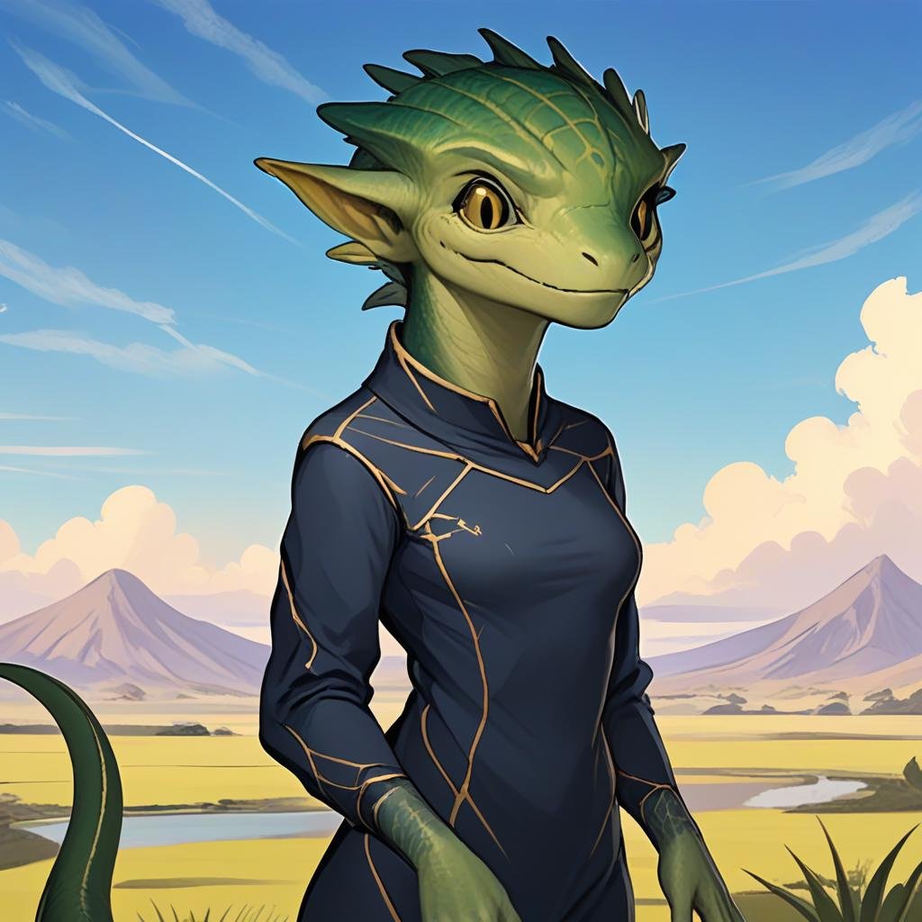 masterpiece,8k,16k,32k,absurd resolution,,high resolution,no pixels,beautiful detailed sky backround,reptilian race,solo,looking at viewer,smile,long sleeves,1girl,closed mouth,cute yellow eyes,no humans,colored skin,animal,green skin,cute pose, <lora:Stellaris_Avatar_Portriats_XL9:0.6>