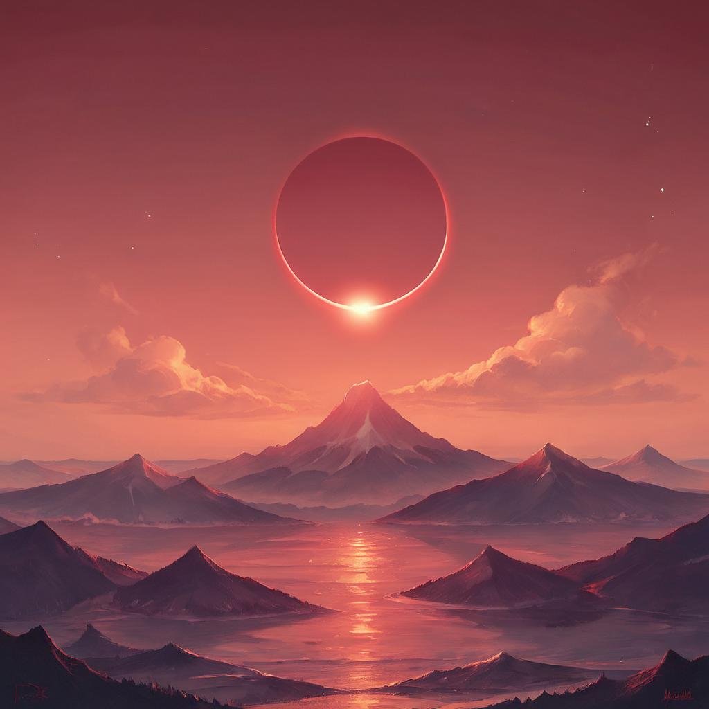 score_9, score_8_up, score_7_up,eclipse,outdoors,sky,cloud,no humans,ocean,star (sky),scenery,starry sky,sunset,mountain,sun,horizon,red theme,mountainous horizon,red sky,digital art, <lora:EclipsePony:0.4> <lora:add-detail-xl:0.8>